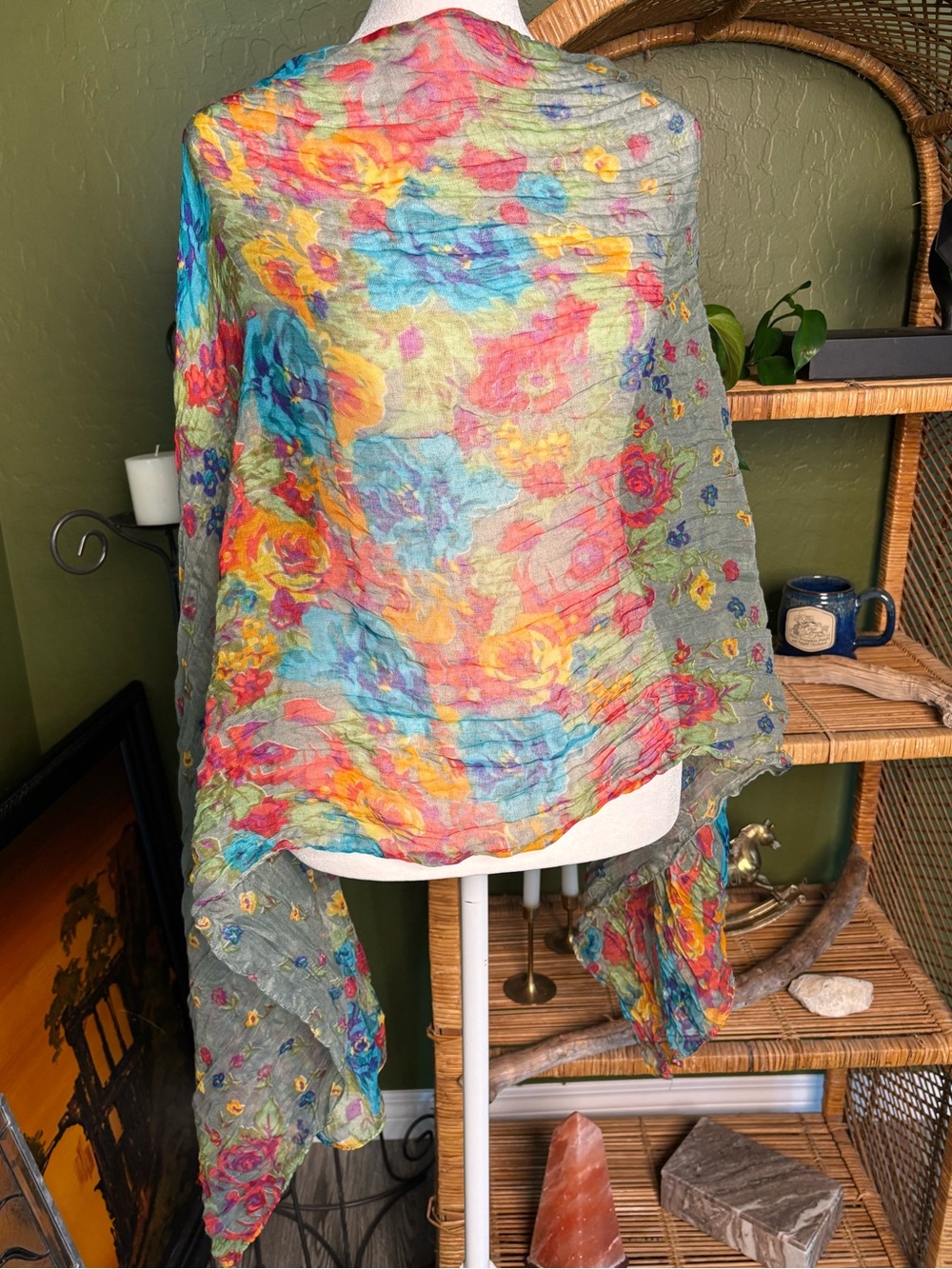 Lightweight Gauzey Grey and Rainbow Floral Scarf - Multicolor